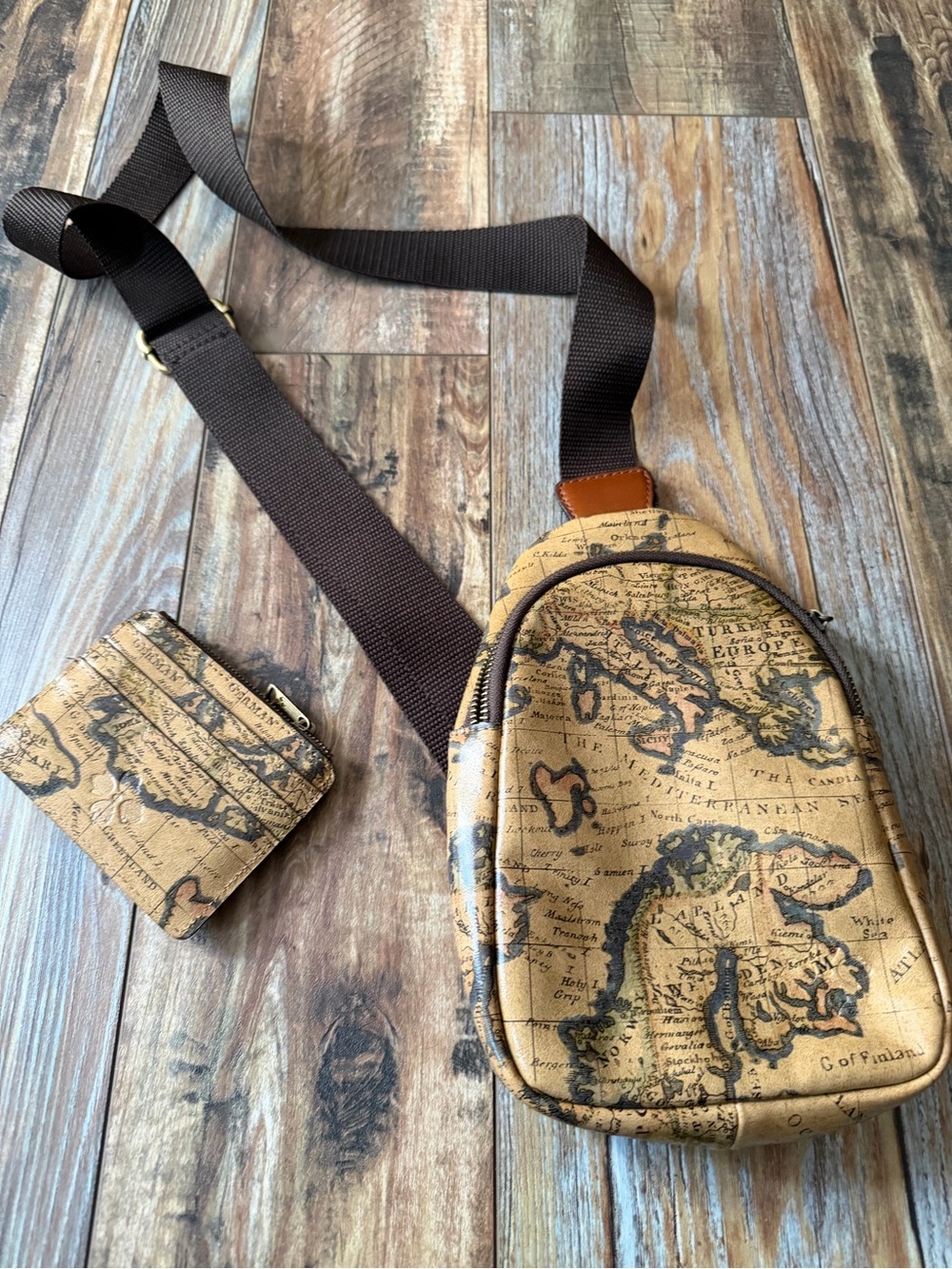 Patricia Nash Tan Vintage Map Print Crossbody Belt Bag with Brown Strap